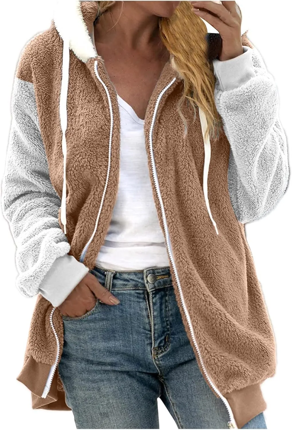 Womens Fuzzy Fleece Jacket Winter Warm Hooded Color Block Patchwork Coats Full Zip Sherpa Outerwear with Pockets