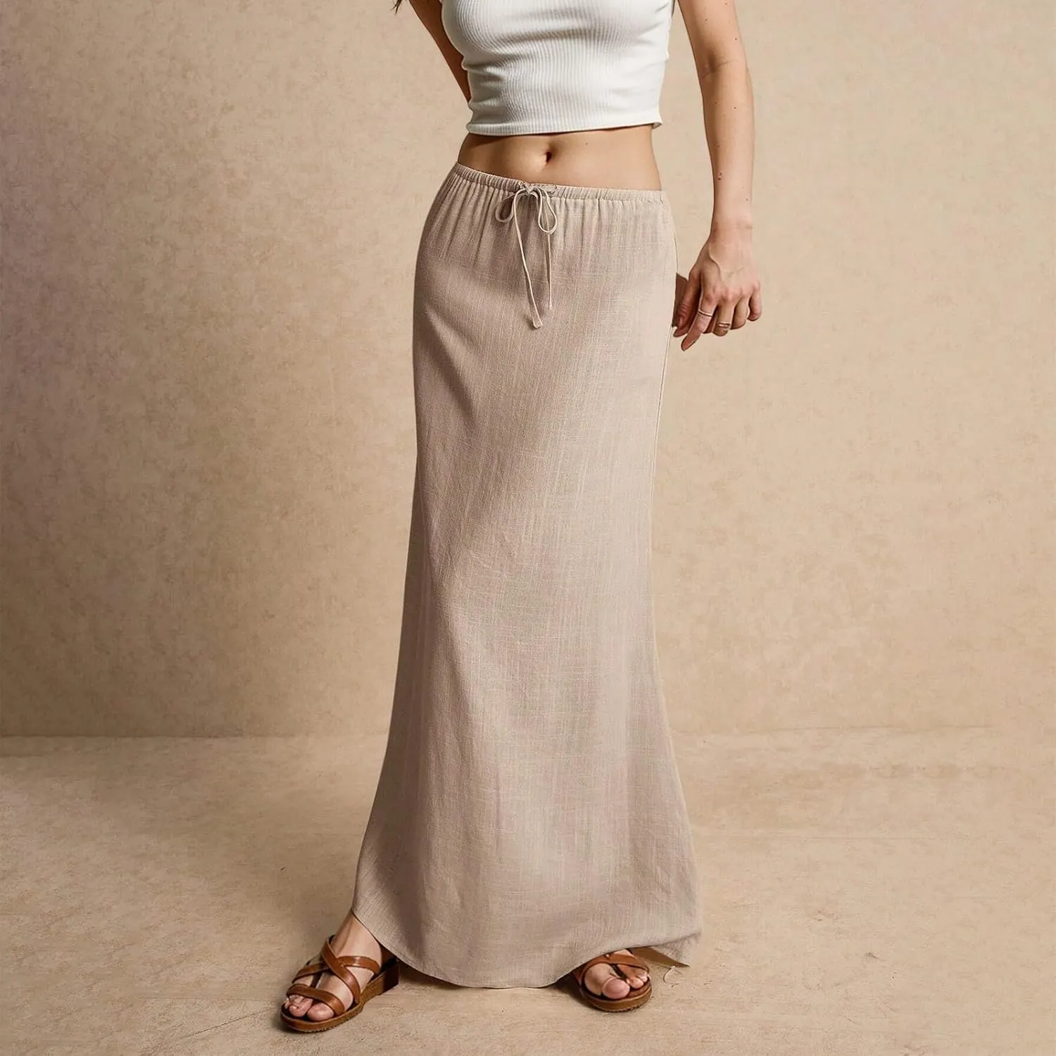 Women's High Waist Linen A-Line Maxi Skirt - Flowy Summer Skirts with Pockets, Casual & Trendy