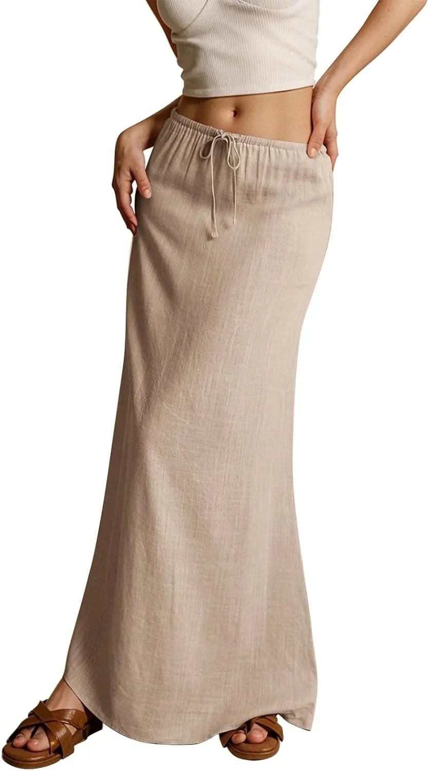 Women's High Waist Linen A-Line Maxi Skirt - Flowy Summer Skirts with Pockets, Casual & Trendy