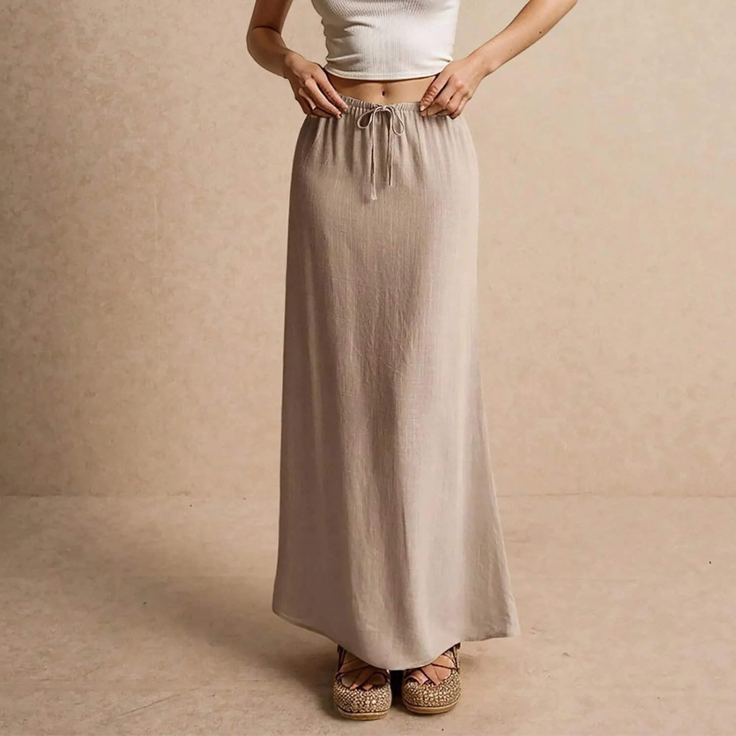 Women's High Waist Linen A-Line Maxi Skirt - Flowy Summer Skirts with Pockets, Casual & Trendy