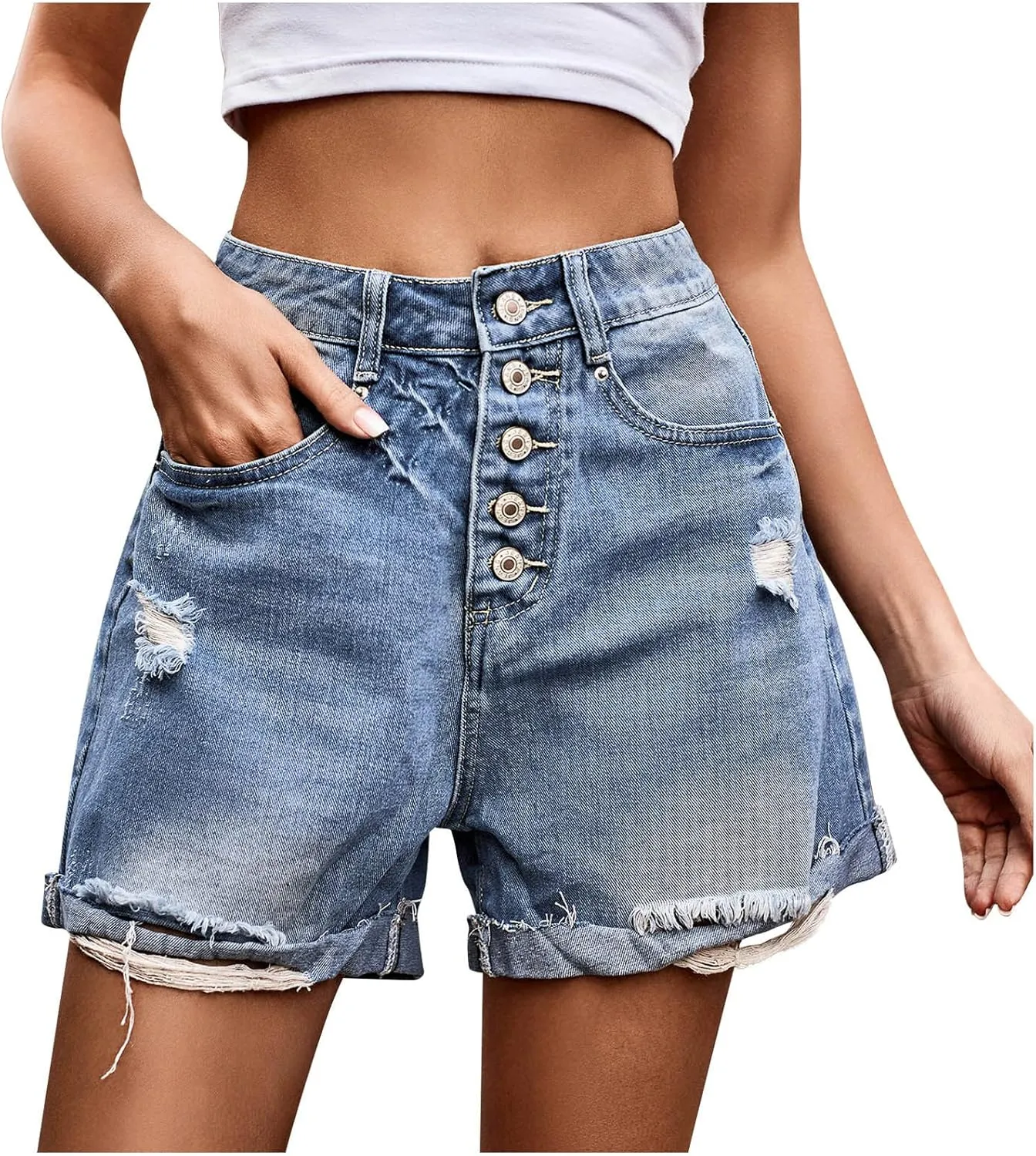 Women's High Waisted Frayed Raw Hem Distressed Jeans Ripped Denim Shorts Stretchy Denim Jeans Shorts Hot Short Jeans
