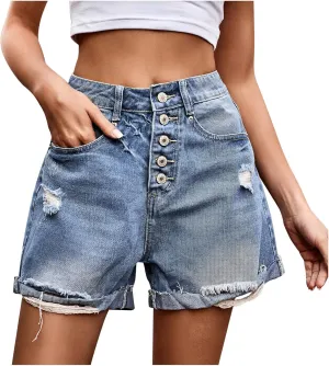 Women's High Waisted Frayed Raw Hem Distressed Jeans Ripped Denim Shorts Stretchy Denim Jeans Shorts Hot Short Jeans