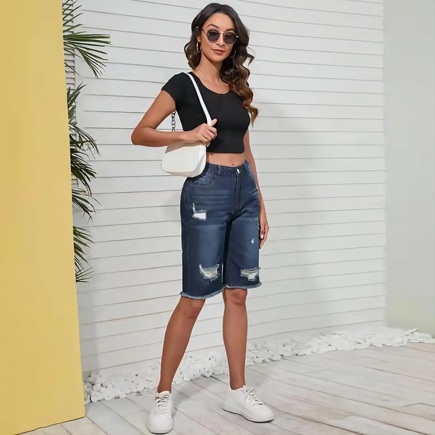Women's High Waisted Ripped Denim Shorts Women Frayed Raw Hem Jean Shorts Black Sexy Denim Hot Pants