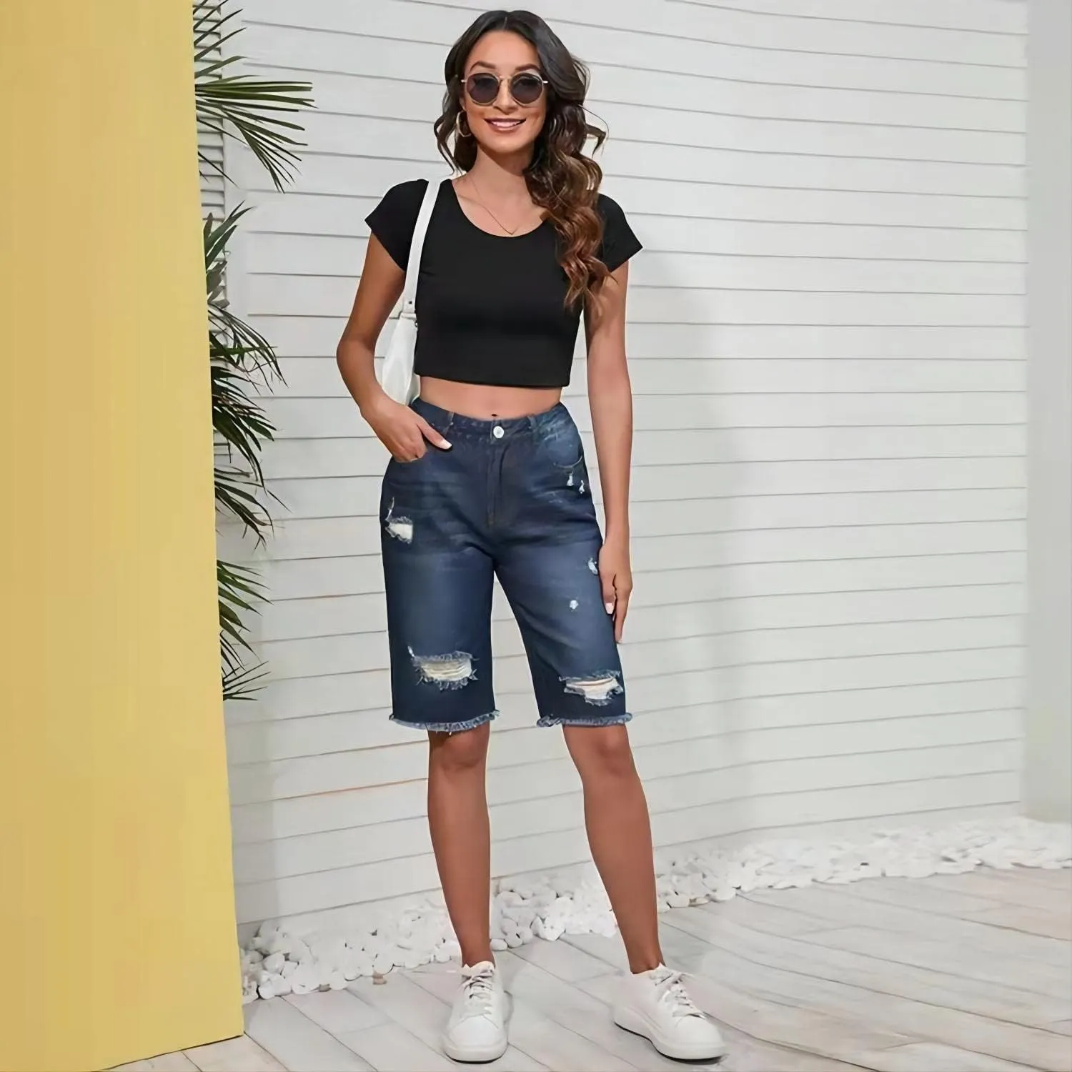 Women's High Waisted Ripped Denim Shorts Women Frayed Raw Hem Jean Shorts Black Sexy Denim Hot Pants