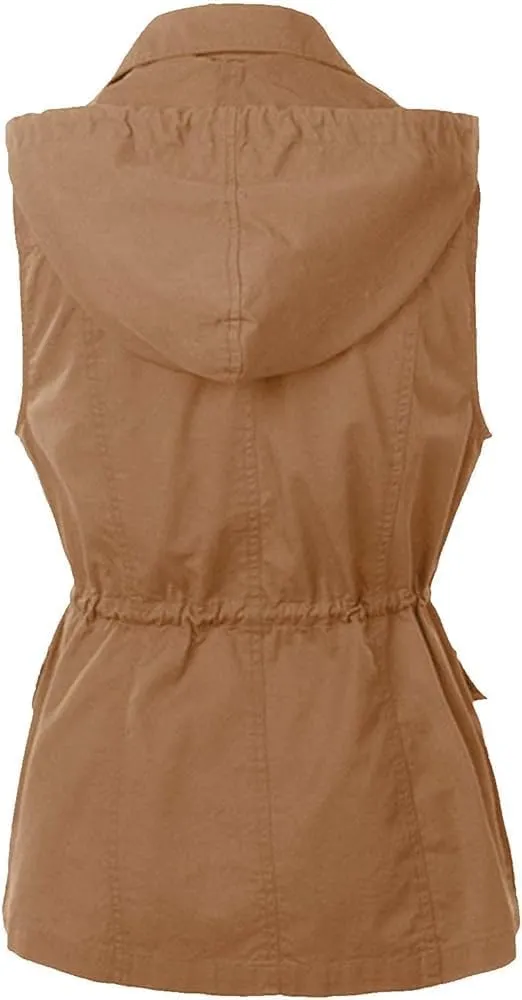 Women's Hooded Vest Casual Military Utility Drawstring Lightweight Sleeveless Hoodies Jacket with Pockets