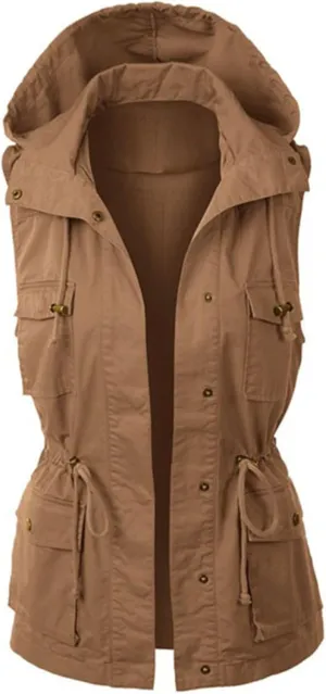 Women's Hooded Vest Casual Military Utility Drawstring Lightweight Sleeveless Hoodies Jacket with Pockets