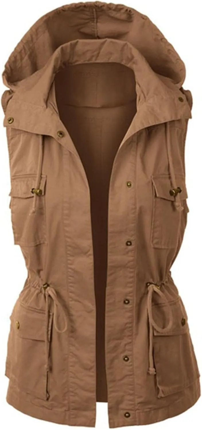 Women's Hooded Vest Casual Military Utility Drawstring Lightweight Sleeveless Hoodies Jacket with Pockets