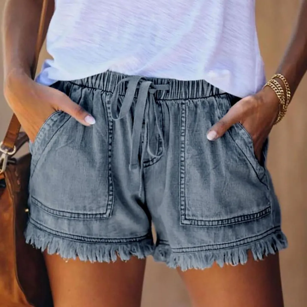 Womens Jean Shorts 2024 Summer Elastic Waist Drawstring Denim Shorts Casual Comfy Lightweight Shorts with Pockets