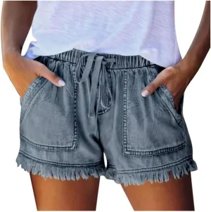 Womens Jean Shorts 2024 Summer Elastic Waist Drawstring Denim Shorts Casual Comfy Lightweight Shorts with Pockets
