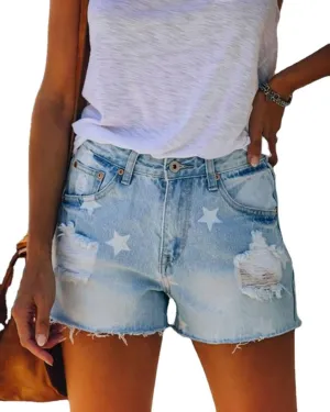 Womens Jean Shorts Ripped High Waisted Casual Stretchy Denim Shorts Star Print Short Pant Frayed Raw Hem Denim Pant