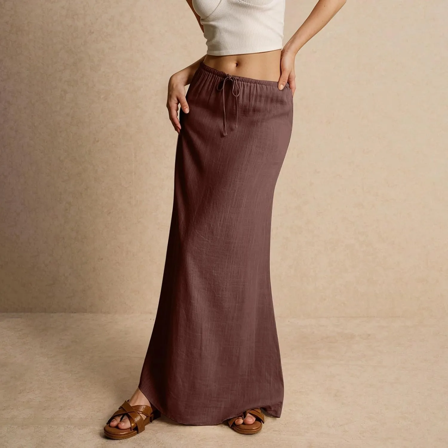 Womens Linen Maxi Skirt Elastic High Waist Swing Tiered A-line Flowy Pleated Beach Vacation Long Skirts