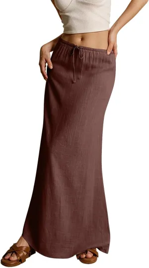 Womens Linen Maxi Skirt Elastic High Waist Swing Tiered A-line Flowy Pleated Beach Vacation Long Skirts