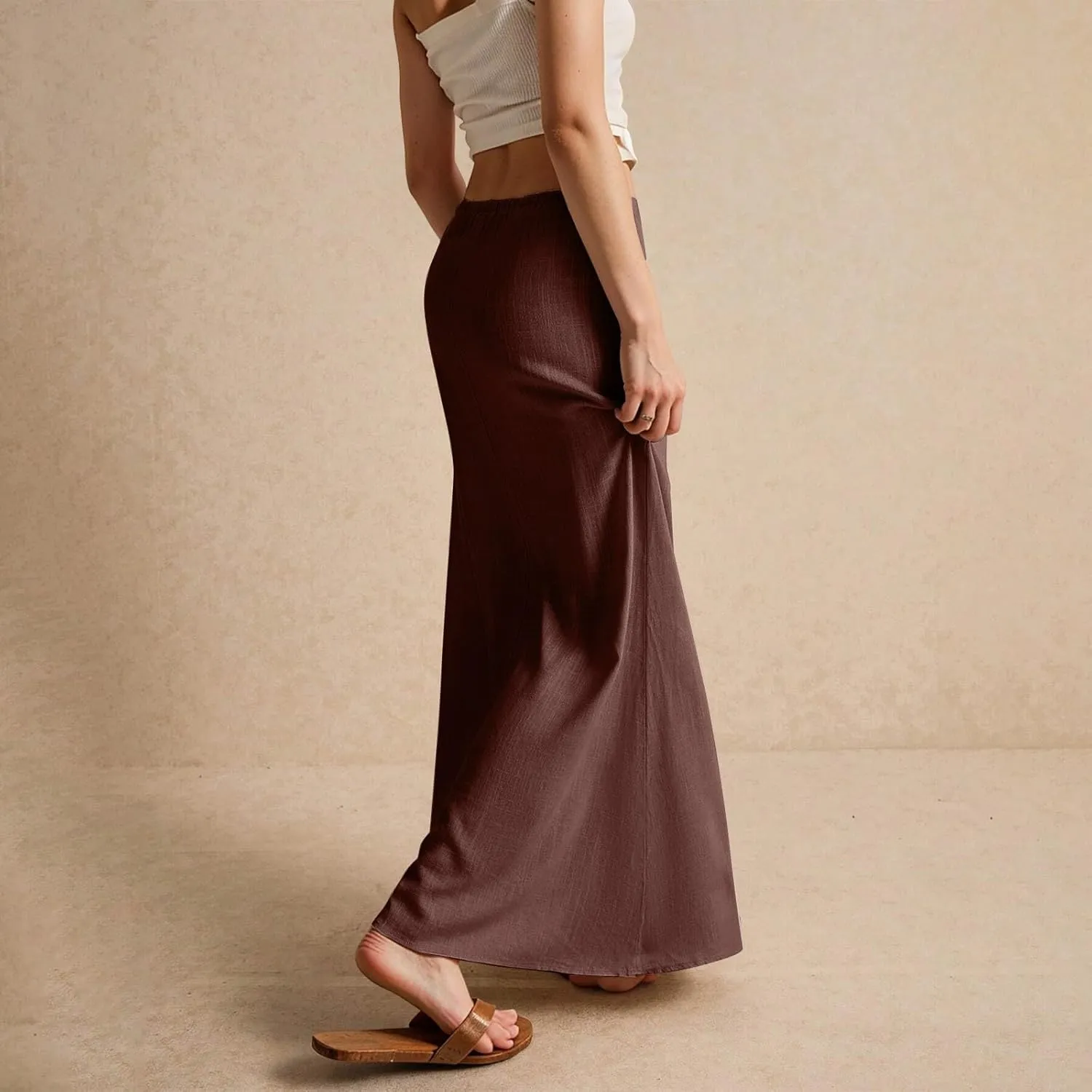 Womens Linen Maxi Skirt Elastic High Waist Swing Tiered A-line Flowy Pleated Beach Vacation Long Skirts