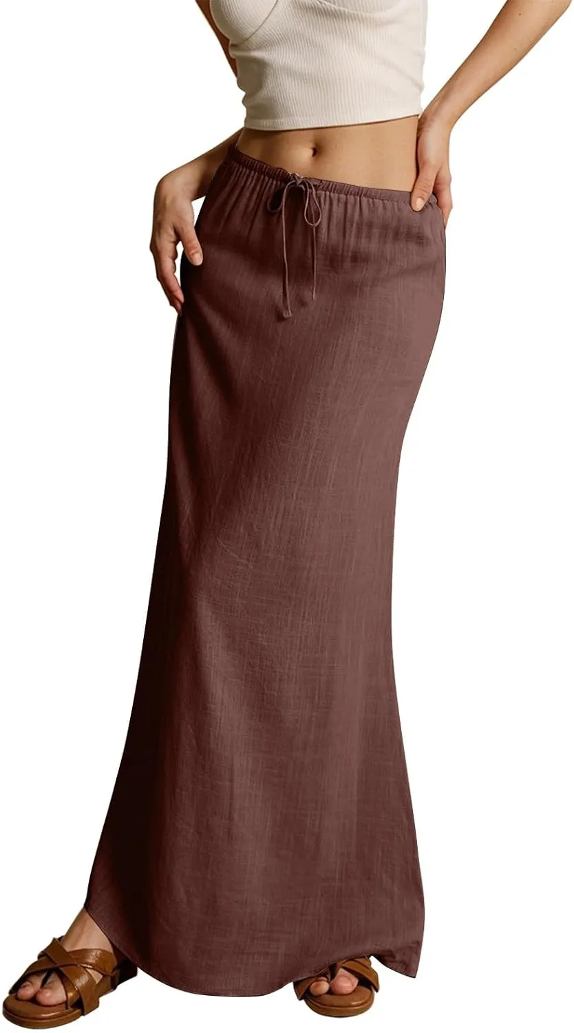 Womens Linen Maxi Skirt Elastic High Waist Swing Tiered A-line Flowy Pleated Beach Vacation Long Skirts