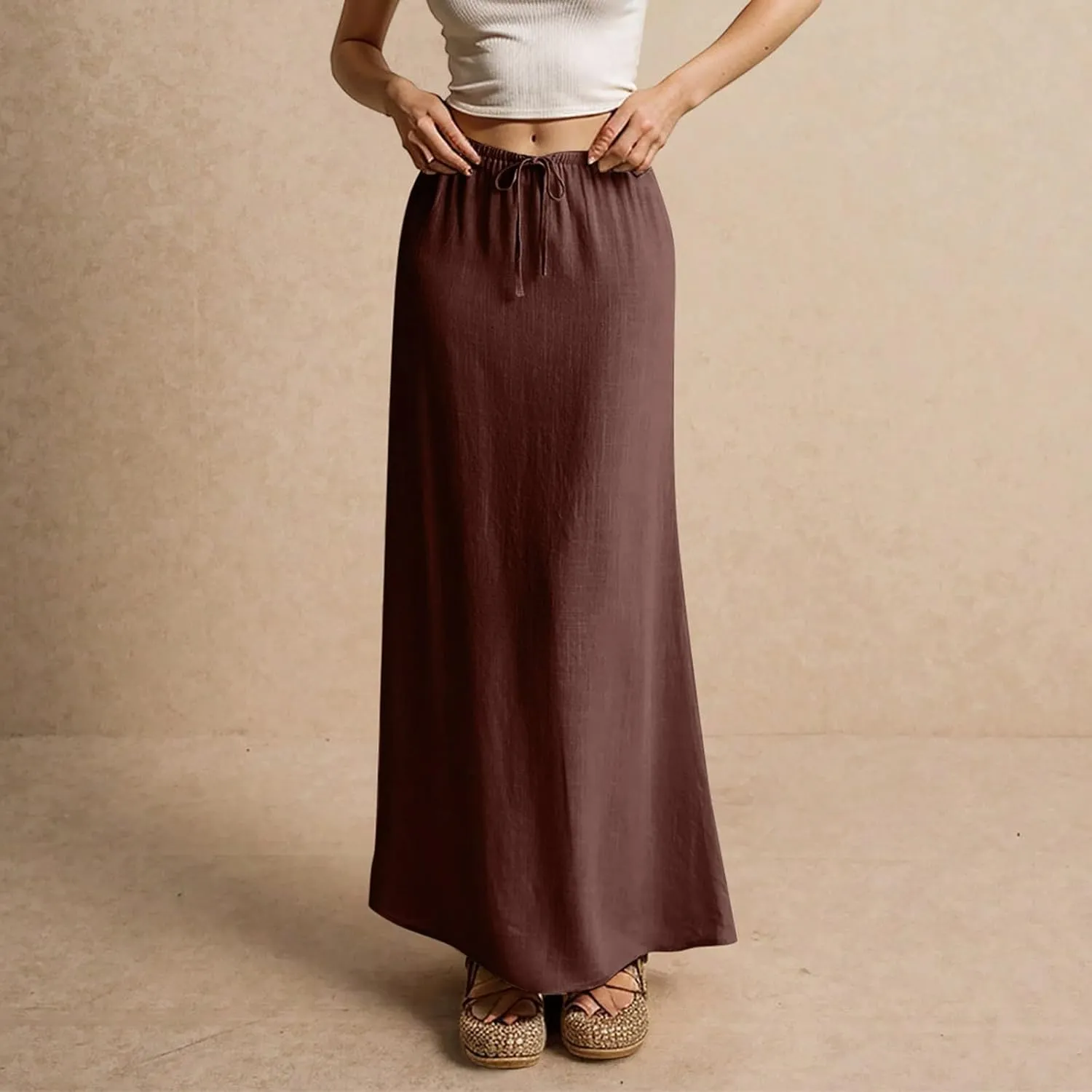 Womens Linen Maxi Skirt Elastic High Waist Swing Tiered A-line Flowy Pleated Beach Vacation Long Skirts