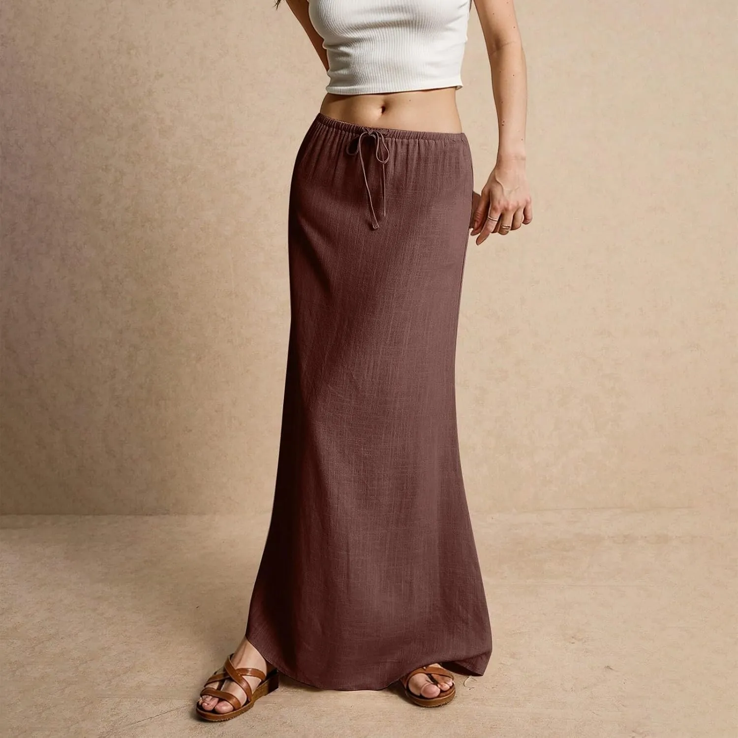 Womens Linen Maxi Skirt Elastic High Waist Swing Tiered A-line Flowy Pleated Beach Vacation Long Skirts