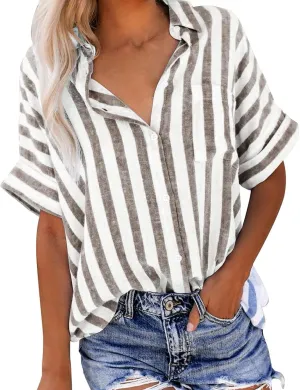 Womens Linen Short Sleeve Shirts Casual Collared Button Down T Shirts Casual Fashion Striped Print Summer Blouse Tops