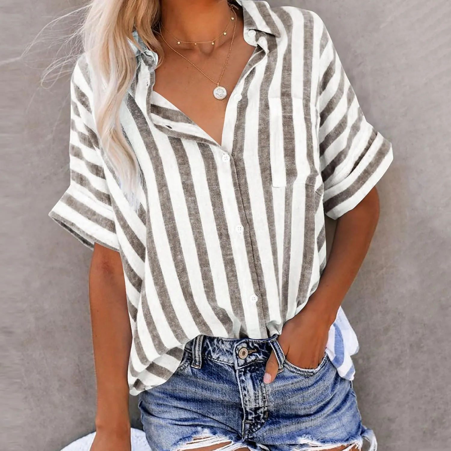 Womens Linen Short Sleeve Shirts Casual Collared Button Down T Shirts Casual Fashion Striped Print Summer Blouse Tops