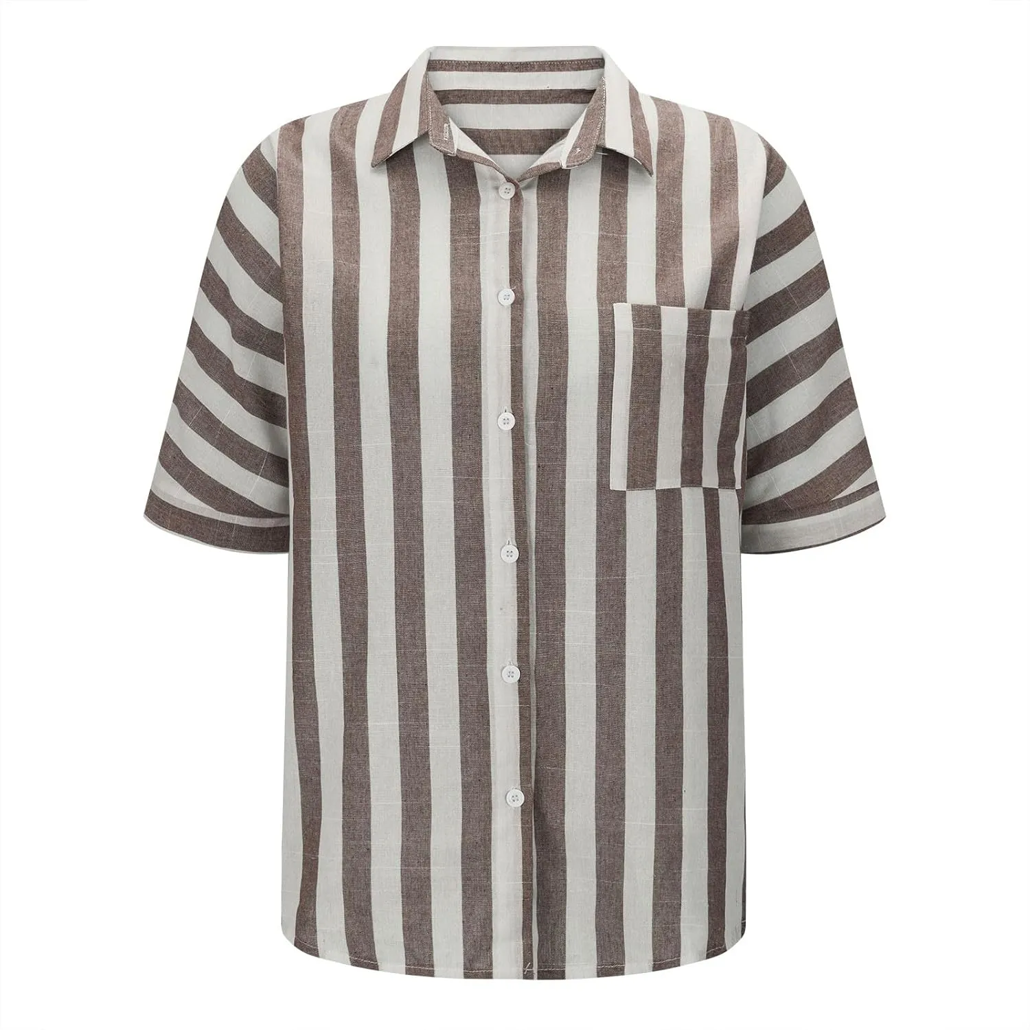 Womens Linen Short Sleeve Shirts Casual Collared Button Down T Shirts Casual Fashion Striped Print Summer Blouse Tops