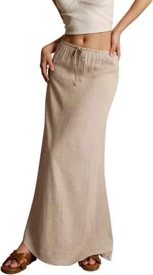 Women's Long Skirts 2025 Boho Summer Elastic Waist Solid Tie Athletic Maxi Skirt with Pockets Trendy, S-2XL