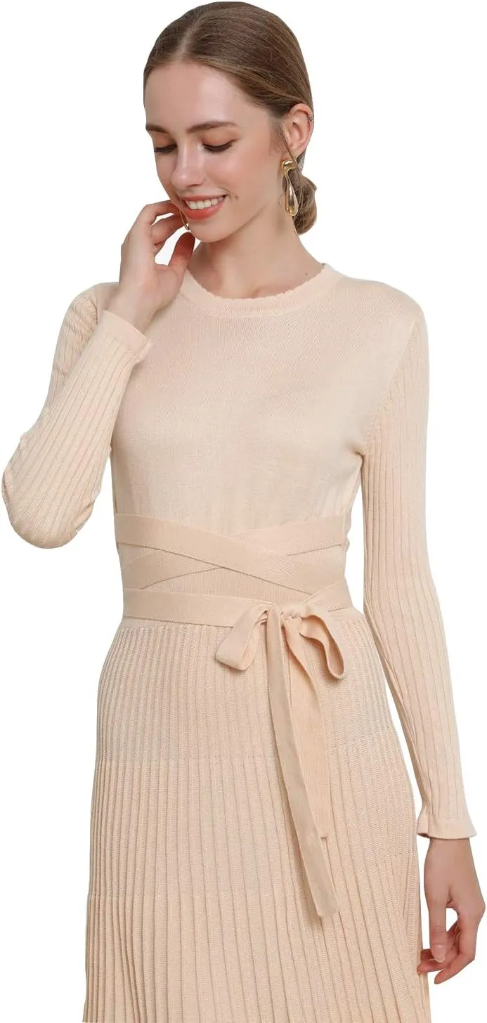 Women's Long Sleeve Sweater Dress Ankle Length Fall Dress Vneck Knit Winter Dress