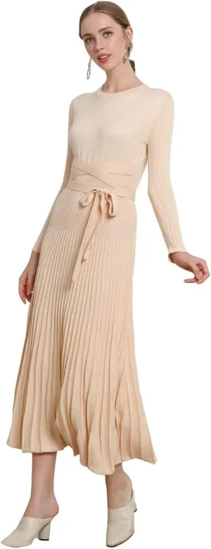 Women's Long Sleeve Sweater Dress Ankle Length Fall Dress Vneck Knit Winter Dress