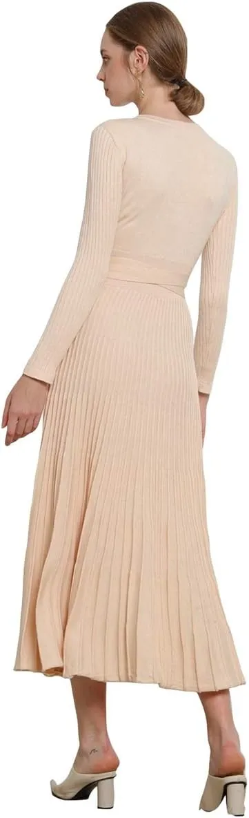 Women's Long Sleeve Sweater Dress Ankle Length Fall Dress Vneck Knit Winter Dress