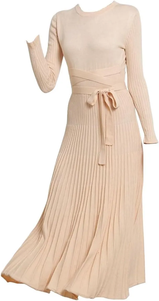 Women's Long Sleeve Sweater Dress Ankle Length Fall Dress Vneck Knit Winter Dress