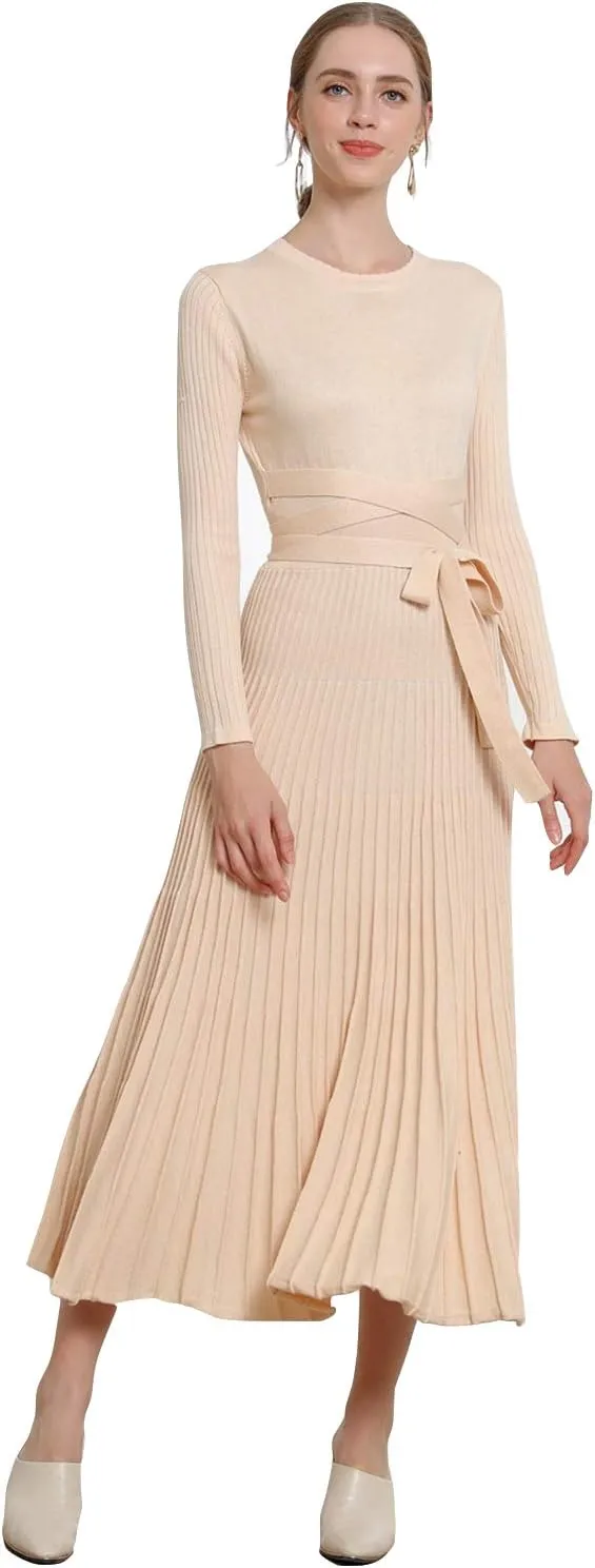 Women's Long Sleeve Sweater Dress Ankle Length Fall Dress Vneck Knit Winter Dress