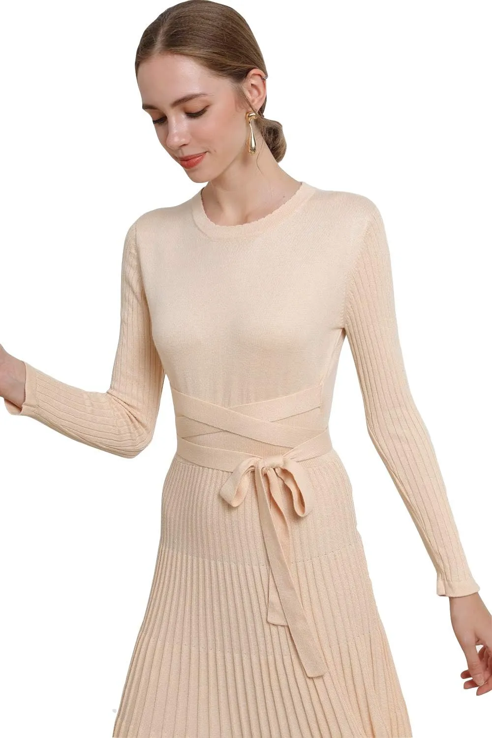 Women's Long Sleeve Sweater Dress Ankle Length Fall Dress Vneck Knit Winter Dress