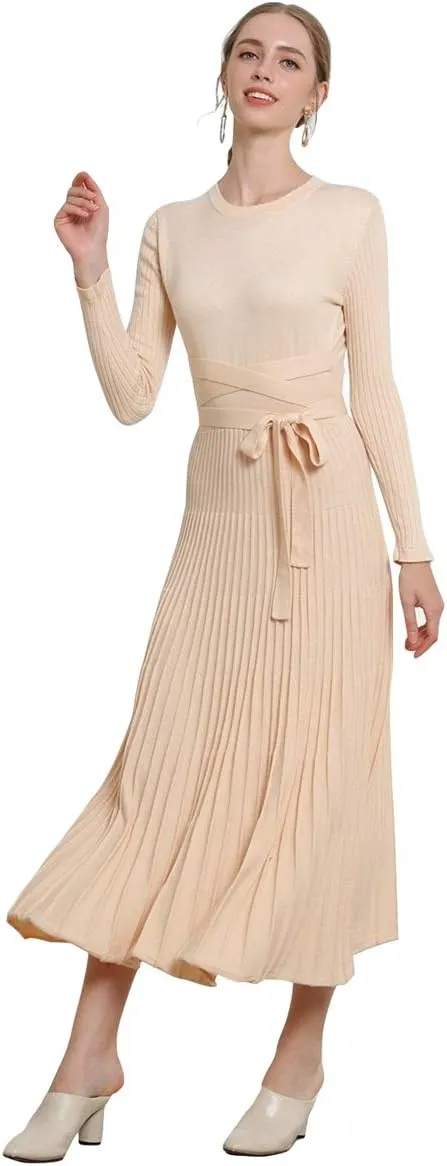 Women's Long Sleeve Sweater Dress Ankle Length Fall Dress Vneck Knit Winter Dress