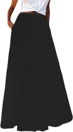 Womens Maxi Skirt Summer Floral Printed Boho Easter Long Skirts A Line Tiered Beach Vacation Dress with Pockets