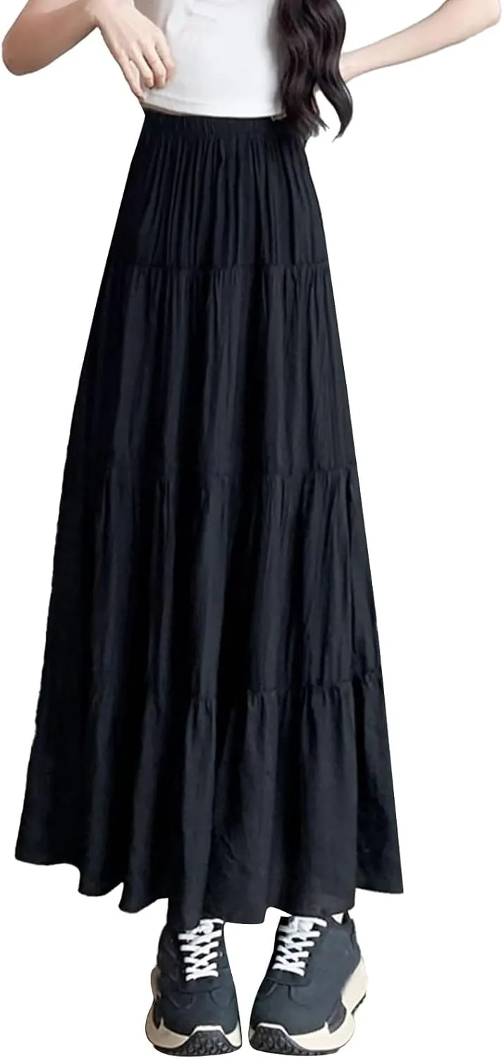 Womens Maxi Skirt Summer Floral Printed Boho Easter Long Skirts A Line Tiered Beach Vacation Dress with Pockets