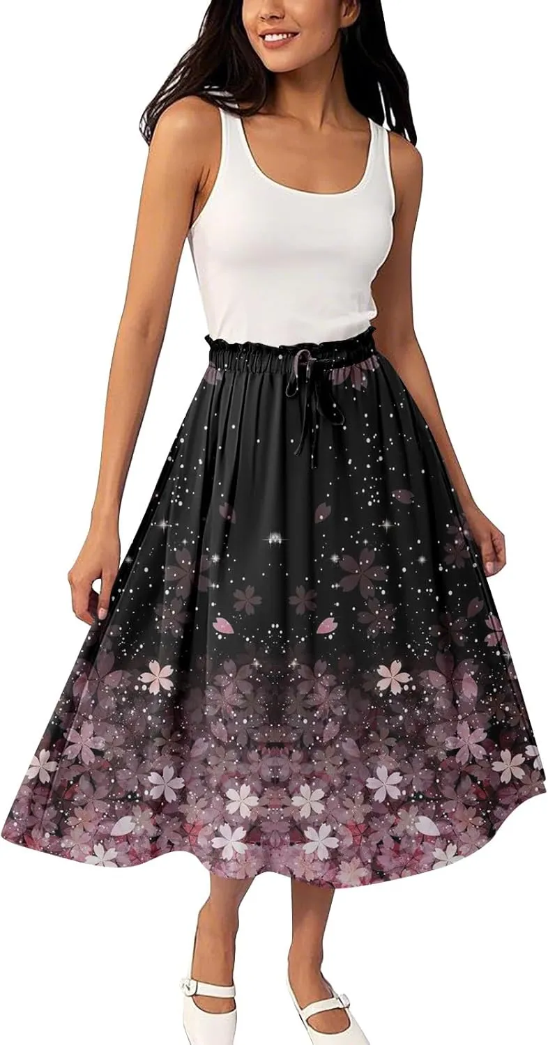 Women's Midi Boho Floral Skirts Trendy A Line Skirt Drawstring High Elastic Waist Comfy Flowy Skorts