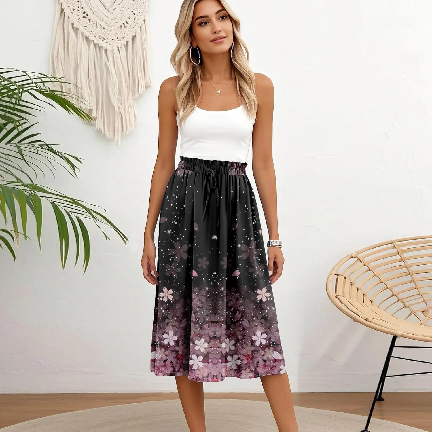 Women's Midi Boho Floral Skirts Trendy A Line Skirt Drawstring High Elastic Waist Comfy Flowy Skorts