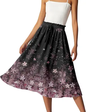 Women's Midi Boho Floral Skirts Trendy A Line Skirt Drawstring High Elastic Waist Comfy Flowy Skorts