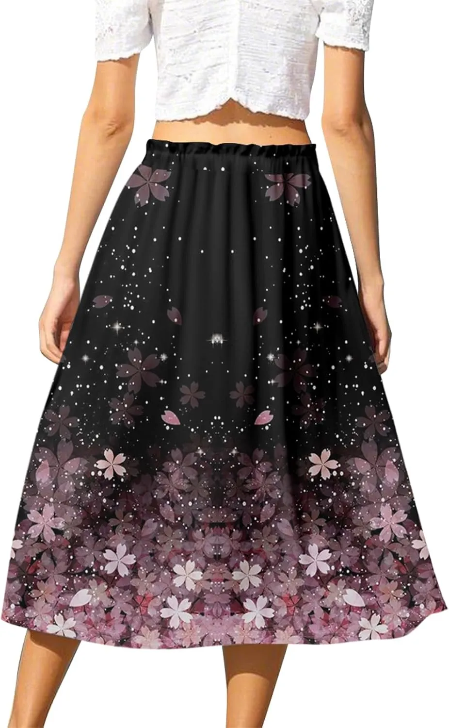 Women's Midi Boho Floral Skirts Trendy A Line Skirt Drawstring High Elastic Waist Comfy Flowy Skorts