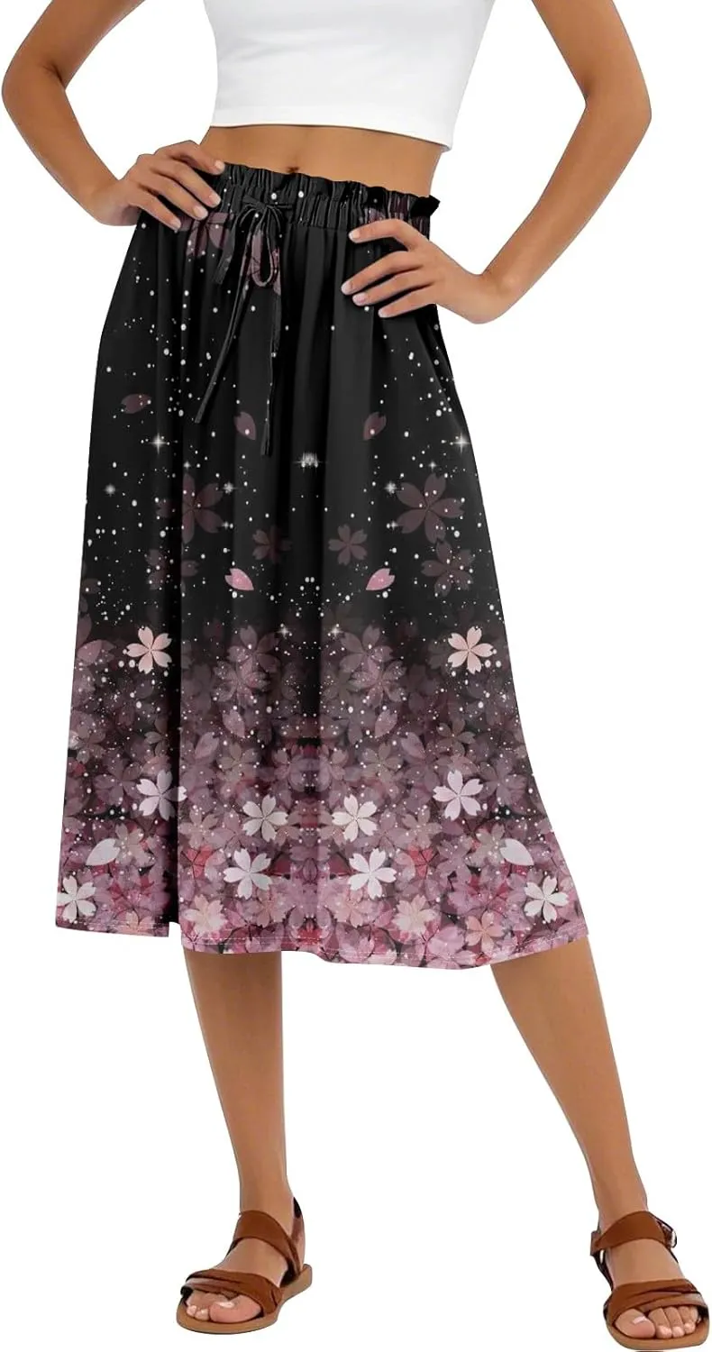 Women's Midi Boho Floral Skirts Trendy A Line Skirt Drawstring High Elastic Waist Comfy Flowy Skorts