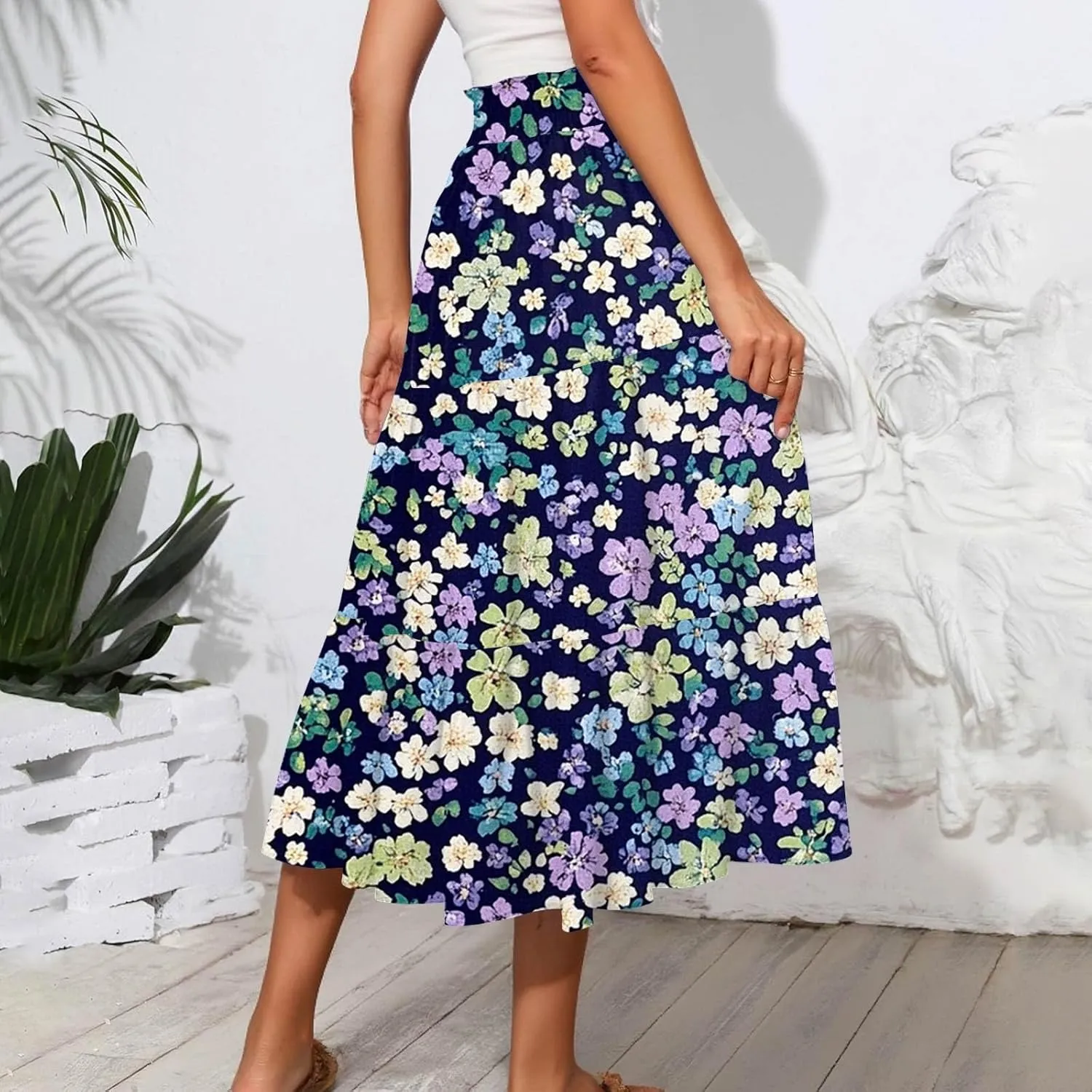 Women's Midi Boho Floral Tiered Skirts Trendy Comfy Flowy A Line Skirt Drawstring High Elastic Waist Skorts with Pockets