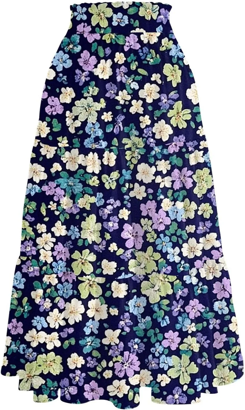 Women's Midi Boho Floral Tiered Skirts Trendy Comfy Flowy A Line Skirt Drawstring High Elastic Waist Skorts with Pockets
