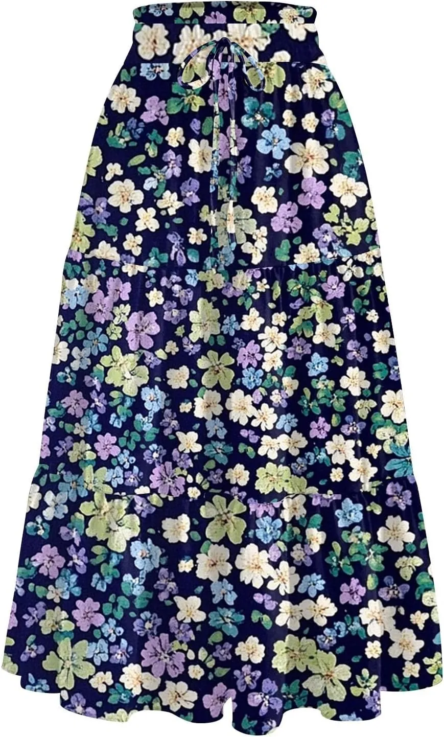 Women's Midi Boho Floral Tiered Skirts Trendy Comfy Flowy A Line Skirt Drawstring High Elastic Waist Skorts with Pockets