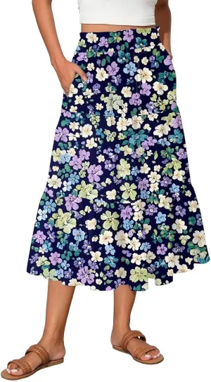 Women's Midi Boho Floral Tiered Skirts Trendy Comfy Flowy A Line Skirt Drawstring High Elastic Waist Skorts with Pockets