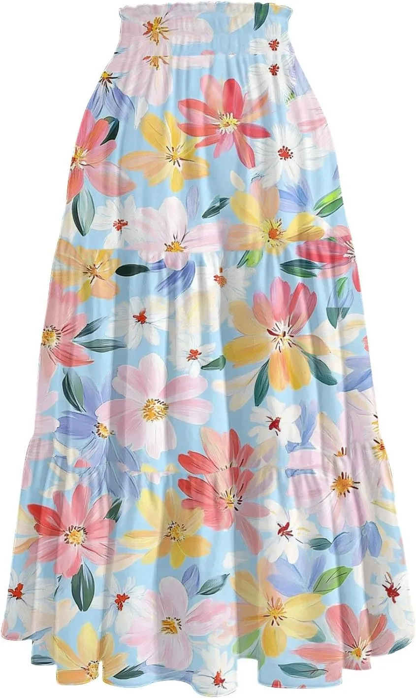 Women's Midi Boho Floral Tiered Skirts Trendy Drawstring High Elastic Waist A Line Skirt Comfy Flowy Skorts with Pockets