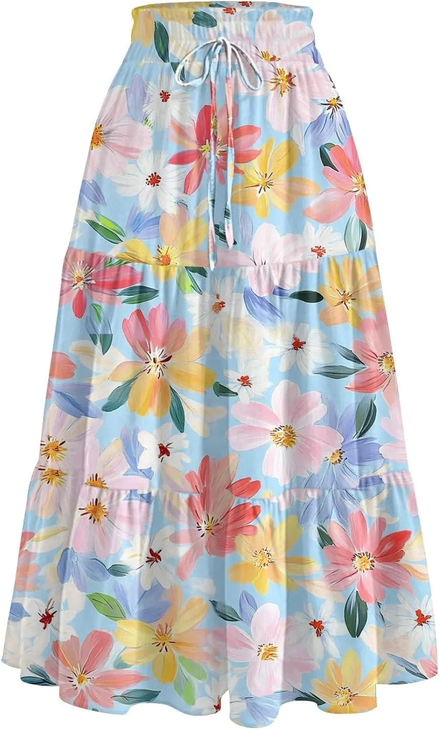 Women's Midi Boho Floral Tiered Skirts Trendy Drawstring High Elastic Waist A Line Skirt Comfy Flowy Skorts with Pockets