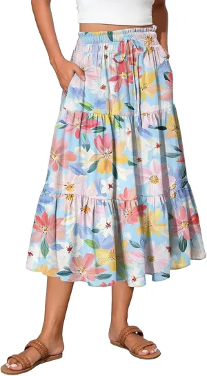 Women's Midi Boho Floral Tiered Skirts Trendy Drawstring High Elastic Waist A Line Skirt Comfy Flowy Skorts with Pockets