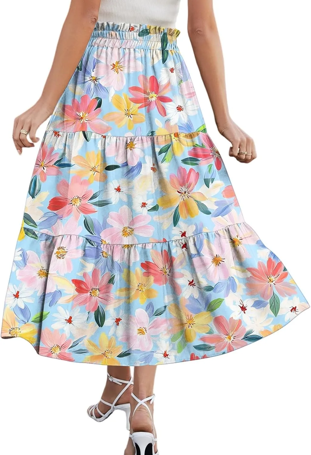Women's Midi Boho Floral Tiered Skirts Trendy Drawstring High Elastic Waist A Line Skirt Comfy Flowy Skorts with Pockets