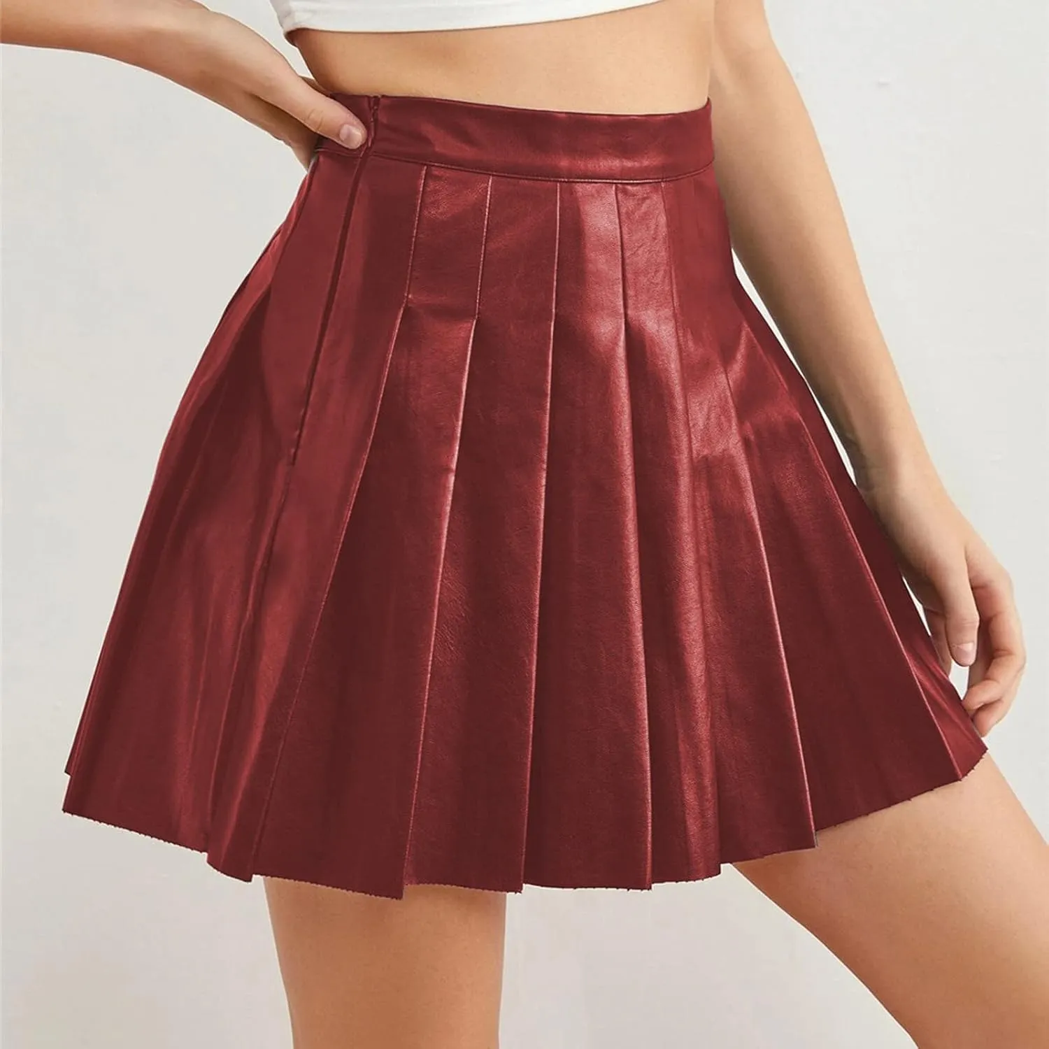 Womens Mini Skirts Faux Leather Solid Pleated Women's High Waist Short Elegant Skirt Casual Flowy PU Skirt