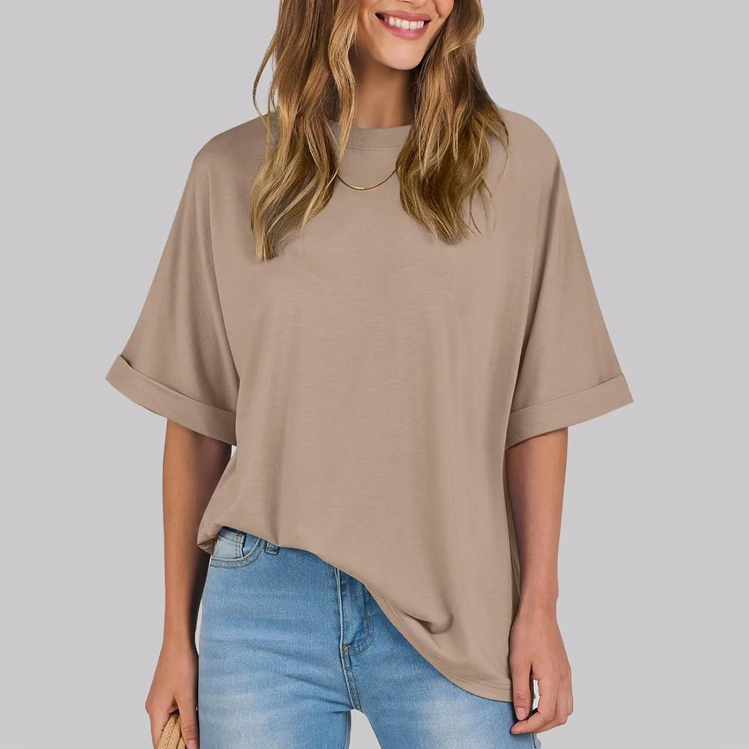 Women's Oversized T Shirts Short Sleeve Crewneck Solid Color Summer Tops Casual Loose Basic Tee Shirts Trendy Clothes