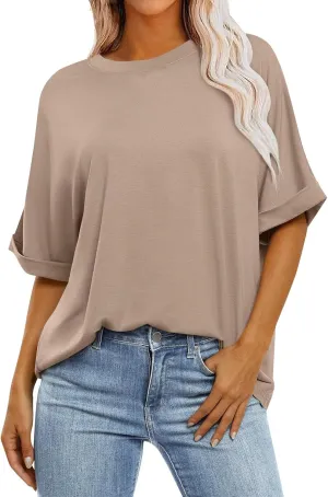 Women's Oversized T Shirts Short Sleeve Crewneck Solid Color Summer Tops Casual Loose Basic Tee Shirts Trendy Clothes