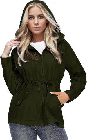 Womens Rain Jacket with Hood Waterproof Windbreaker Raincoat with Removable Lightweight Outdoor Hiking Tunic Coats